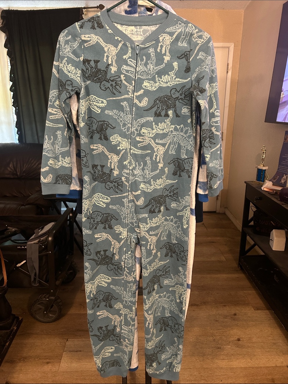 Carter's Green Dinosaur Skeleton Print Zip-Front Pajama One-Piece